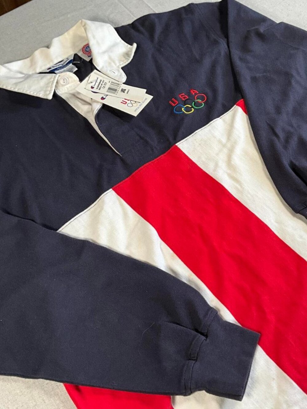 NWTs VTG 90s Champion USA 1996 Olympic Distressed Long Sleeve Polo Shirt (Large)